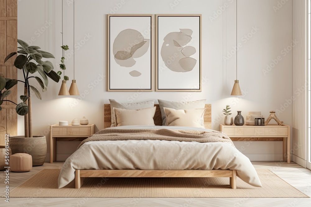 Mock up frame in beige bedroom with natural wooden furnishings. Generative AI