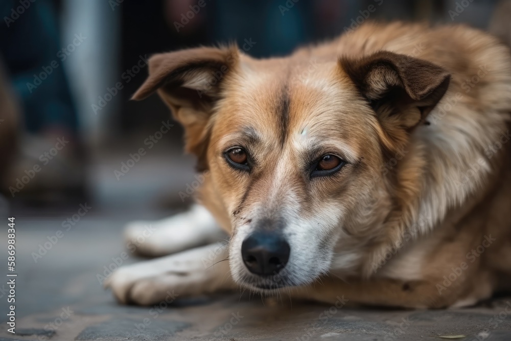 Dog lying down on the floor to relax. Generative AI