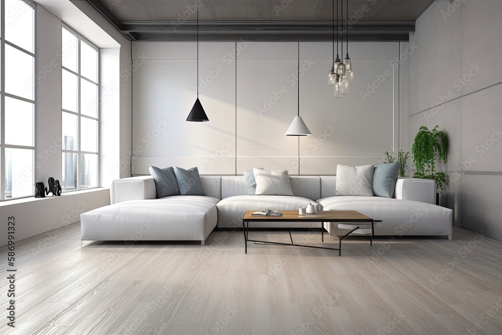 Interior of a gray and white loft featuring a white couch, a coffee table, and a wooden floor. a det