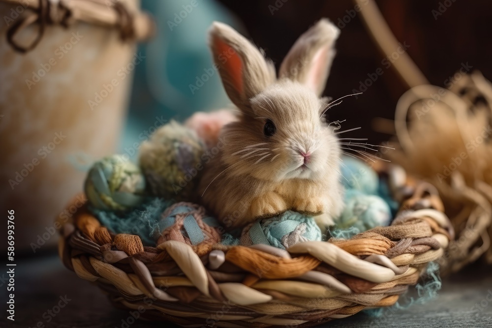 cute bunny sitting in a basket of colorful yarn. Generative AI