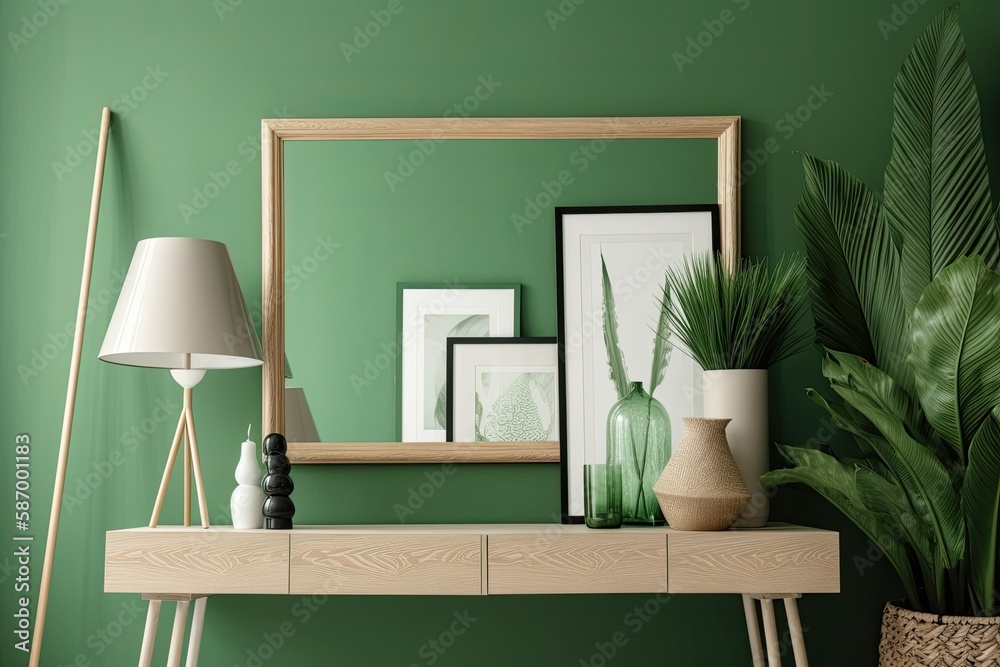 Empty horizontal picture frame on contemporary living room bright green wall. Contemporary bohemian 