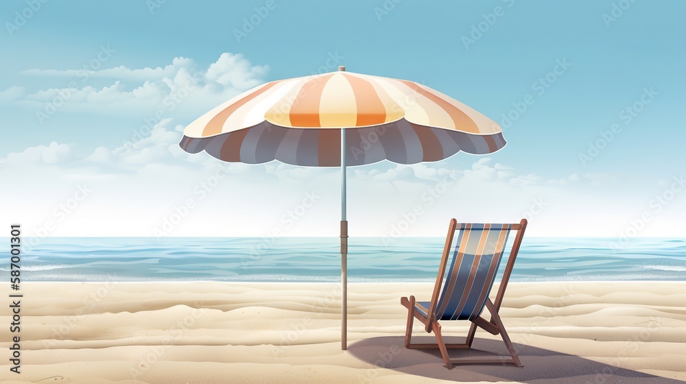 Beach chair and umbrella on beautiful beach. Sunny day on a ocean shore. Travel paradise concept. Ge