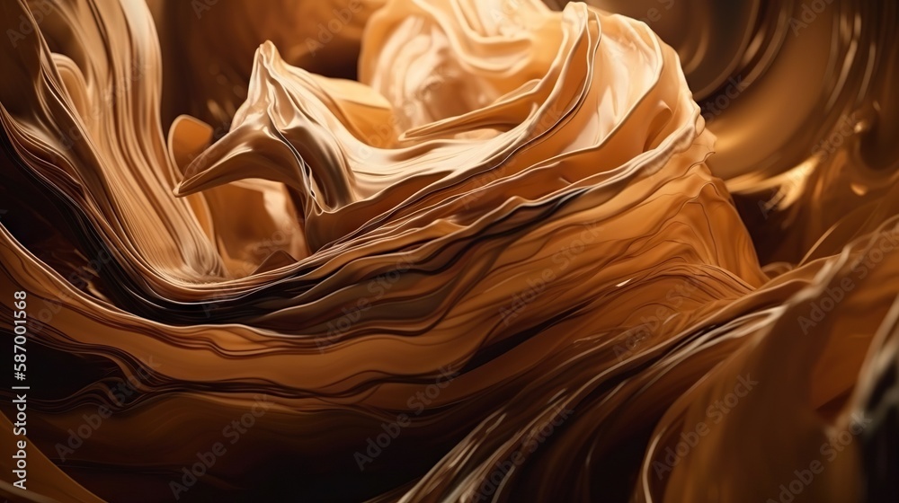 Closeup of caramel vortex. Swirl of sweet golden cream. Generative AI