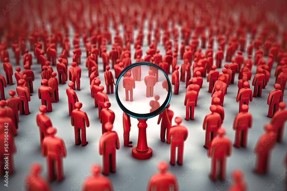 magnifying glass zooming in on a crowd of small red people. Generative AI