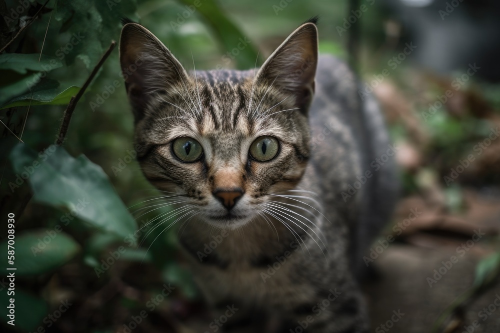 A lovely cat is seen playing in a homes front yard. Generative AI