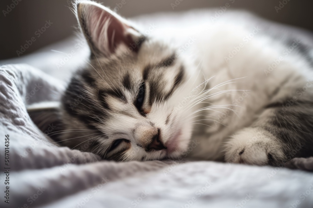 Cute kitty in closeup waking up from a night of sleep on a white blanket. Generative AI