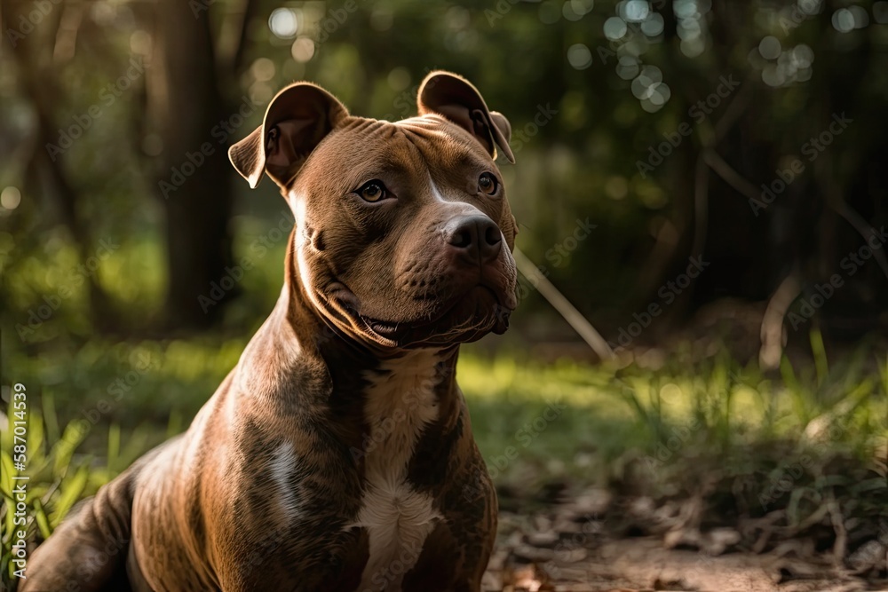 Playing pit bull at the park. The pitbull enjoys the sunny day to its fullest. Generative AI