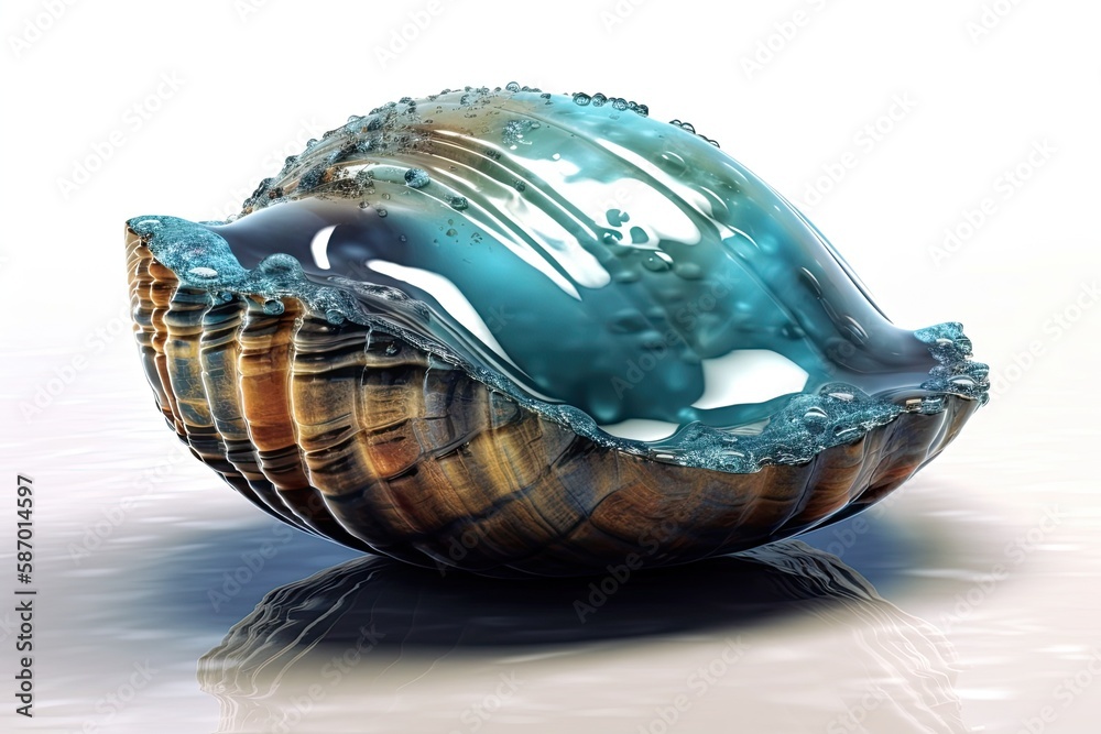 Blue and Brown Shell on a White Surface. Generative AI