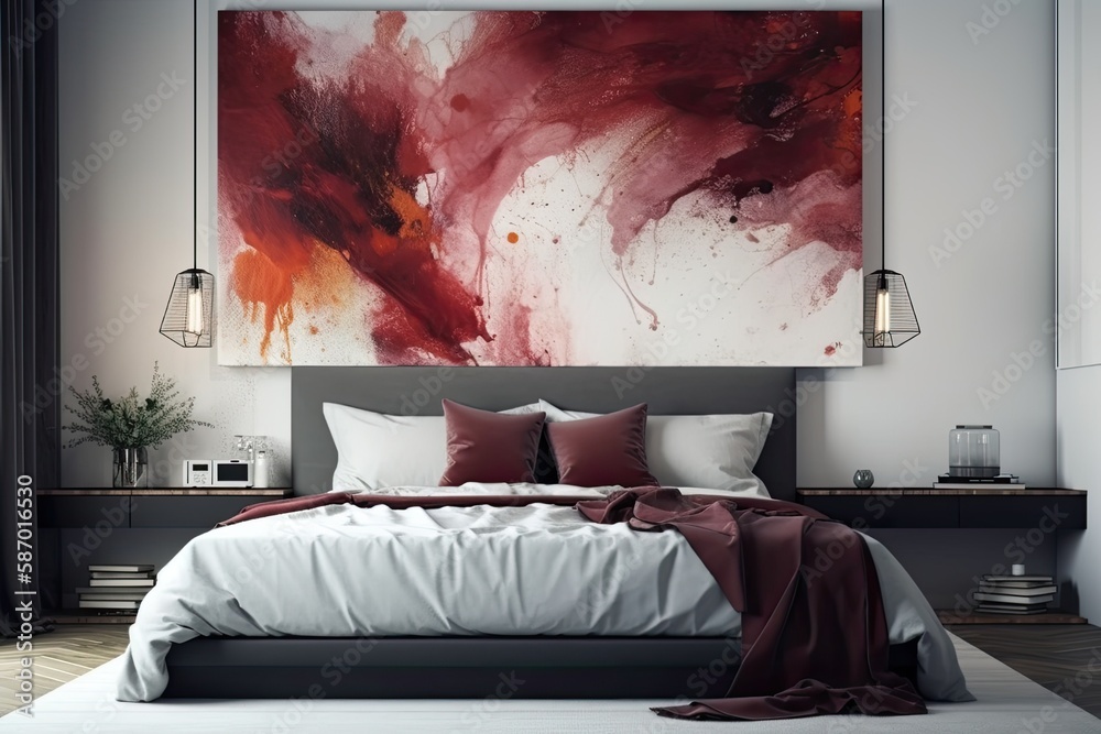 Wall art in an elegant bedroom with a king size bed is abstract and white and burgundy. Generative A