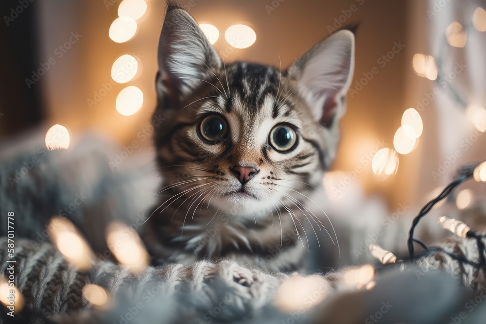 Cute cat cuddled up in a comfortable sweater holding a pine cone against a backdrop of holiday light