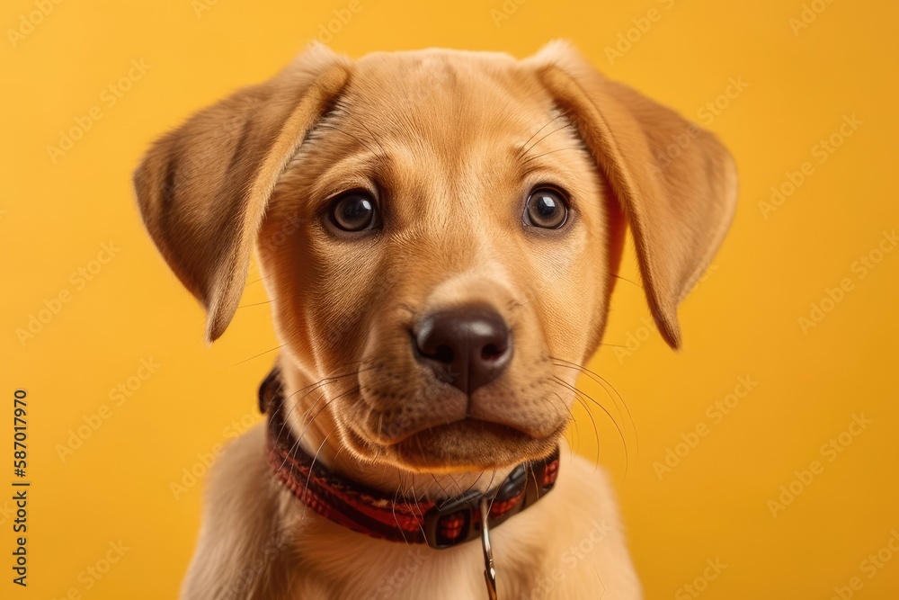 In the studio, a mixed breed puppy is photographed against a yellow background. Generative AI