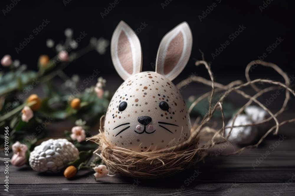 Easter egg with a bunny face design. Generative AI