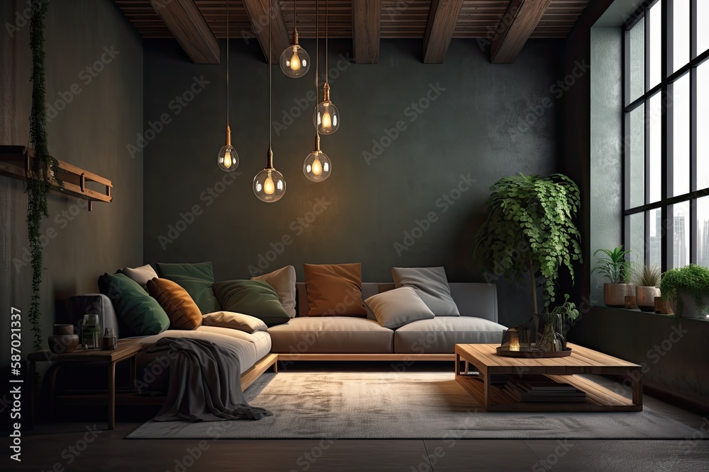 Loft with brown couch and decorations in dark room. Generative AI