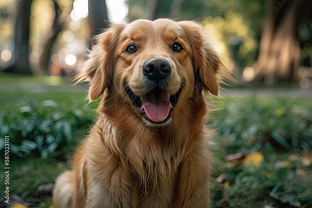 one gorgeous golden retriever dog on the grass looking at the camera at a park with green trees in t