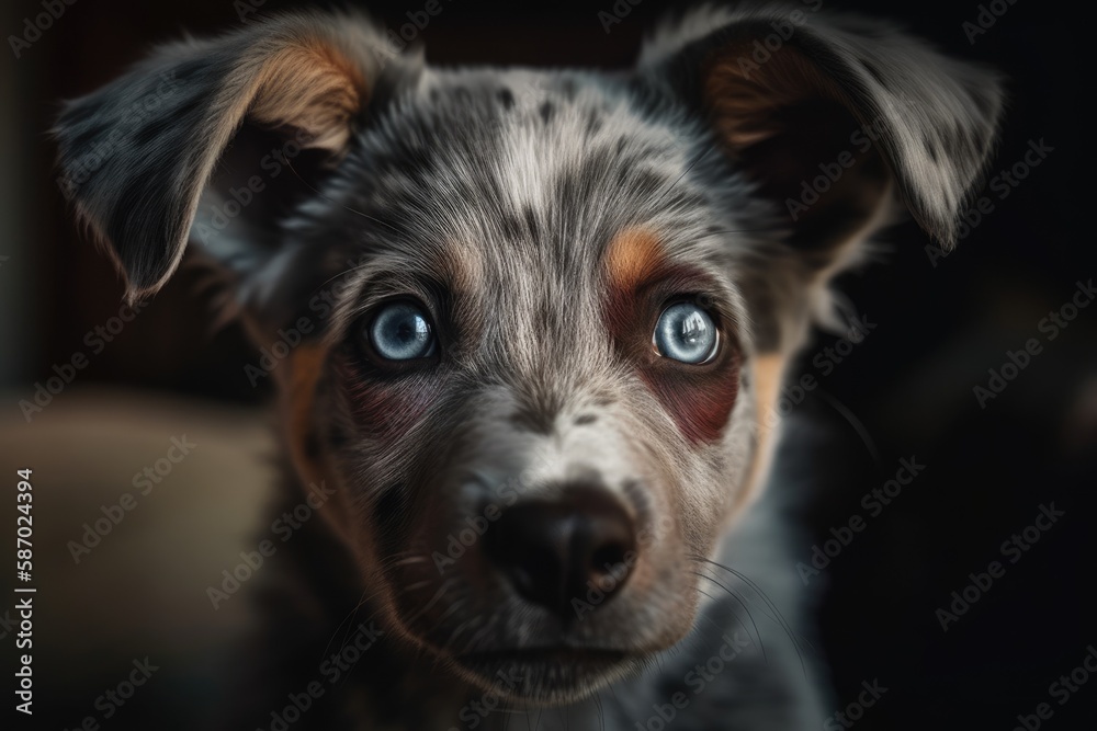 beautiful gray puppy looks towards the camera. Generative AI