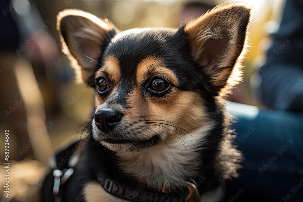 Little Puppy, a Corgi and Chihuahua mix, is dozing off on the owners lap. specific point of concent