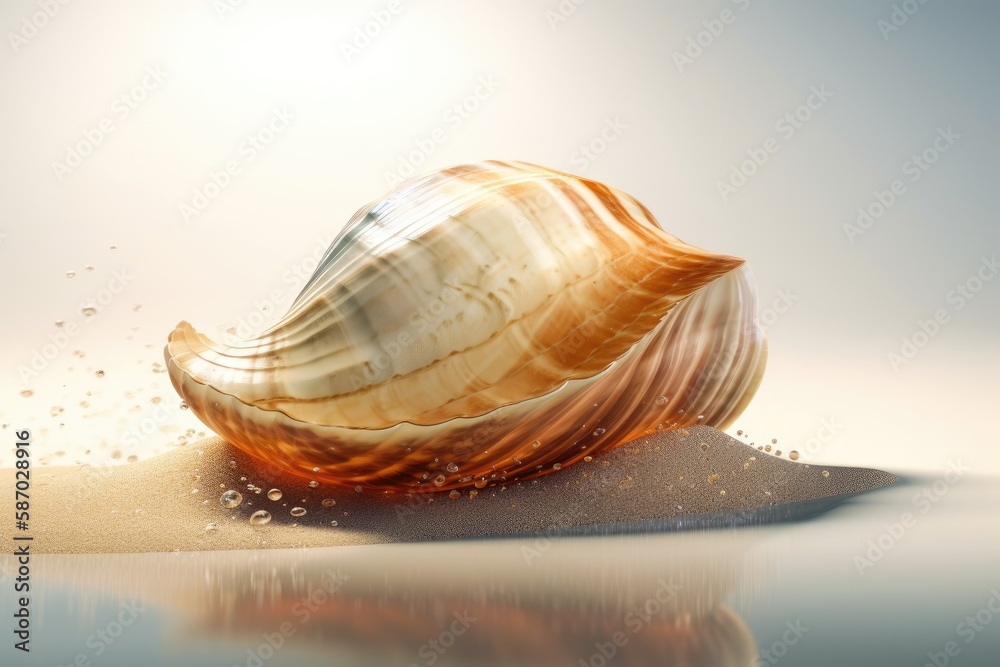 seashell on the beach with water splashing around it. Generative AI