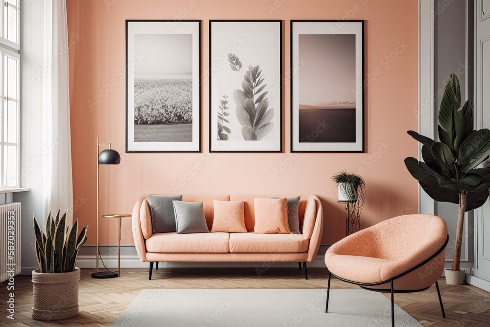 Three picture frames are displayed on a gallery wall in a monochromatic flat with one orange pinkish