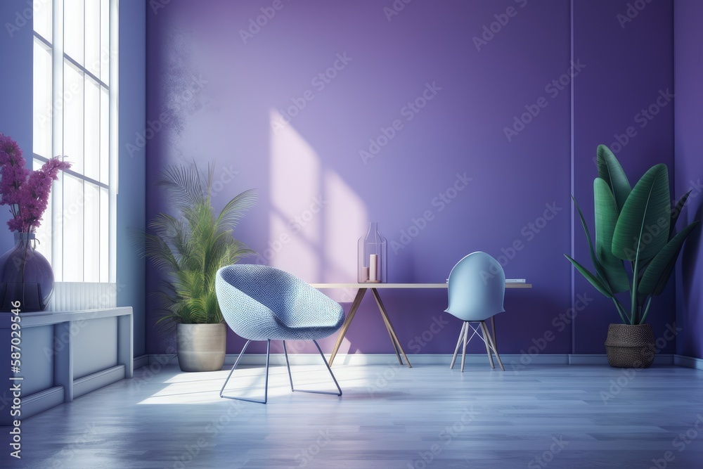 the rooms horizontal area for design. Modern room with chair, table, and plant. The color of the ye