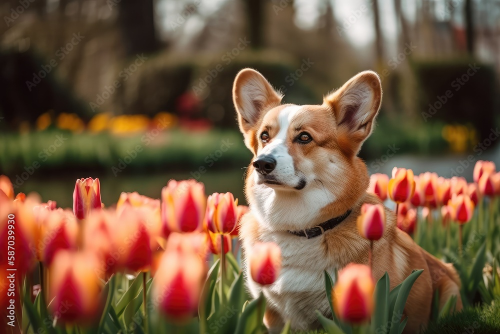 Corgi in tulip garden portrait. Generative AI