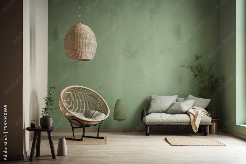 White and green Japanese living room with copy space. Sofa and hanging chair. Wabi sabi decor,. Gene