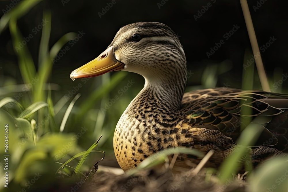 Closeup of a female mallard duck amid grass. Generative AI