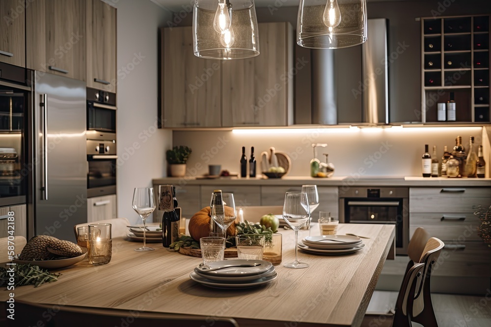 Interior of a modern, comfortable home kitchen. On the dinner table are fresh vegetables, and the ho