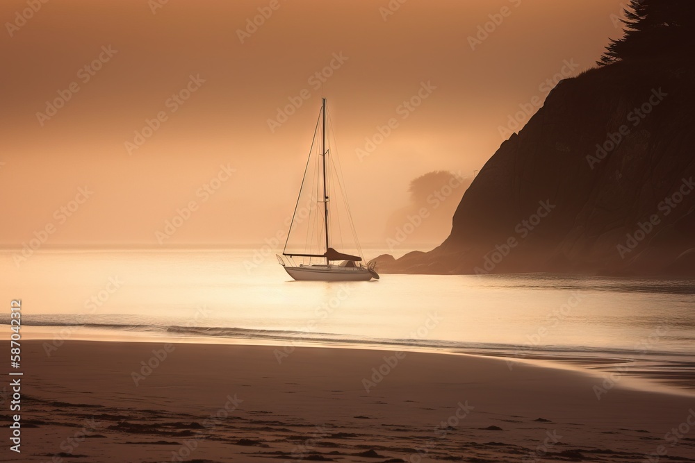  a sailboat on the water at sunset on a beach with a rock formation in the background and a foggy sk