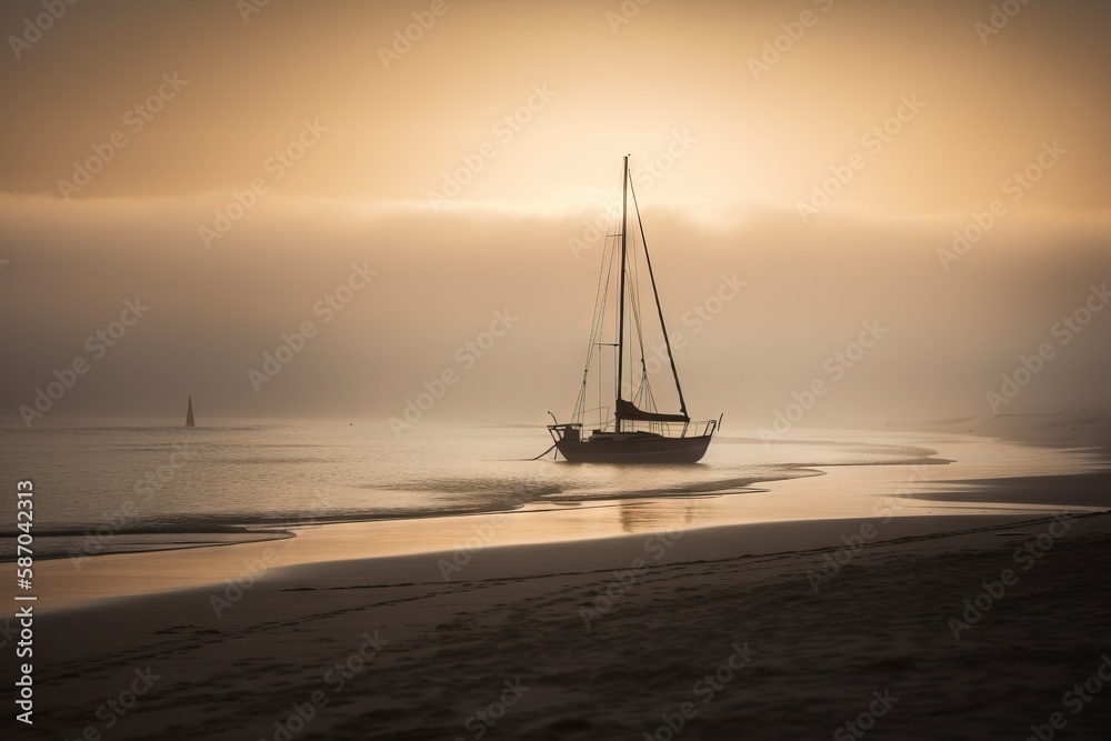  a sailboat on a beach with a foggy sky in the background and a boat in the water on the shore of th