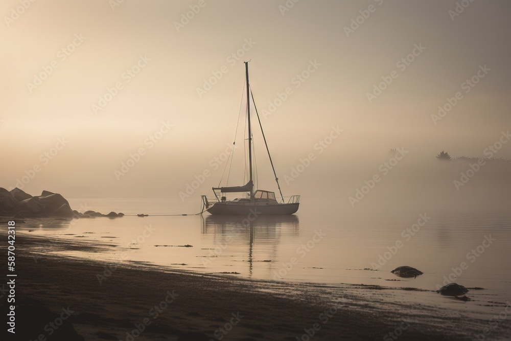  a sailboat on a foggy beach in the morning sun, with rocks in the foreground and a rock outcropping