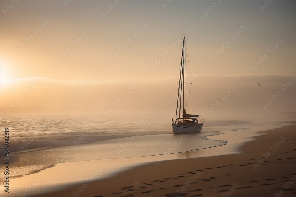  a sailboat on the beach in the foggy morning sun rise over the water and footprints in the sand and