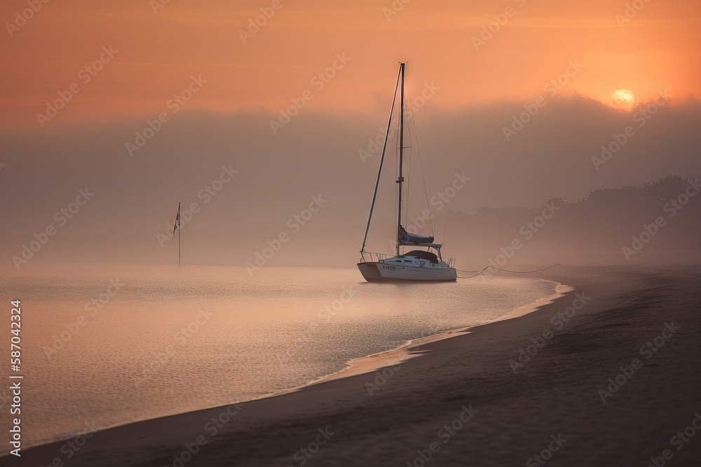  a sailboat on the shore of a beach at sunset with a foggy sky in the background and the sun peeking