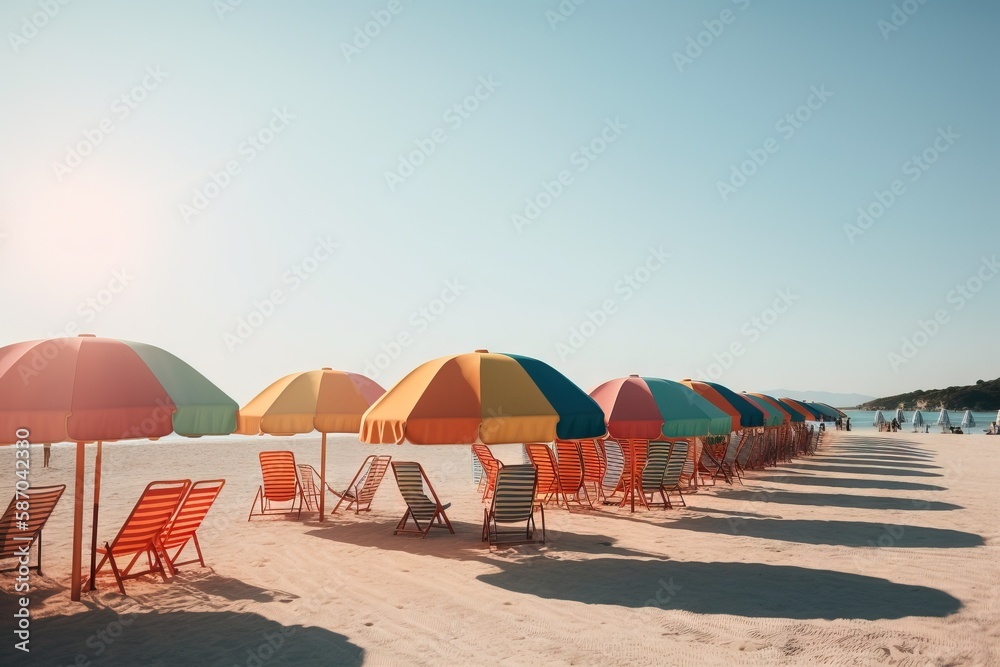  a row of beach chairs and umbrellas on a beach near the ocean with people in the water in the backg