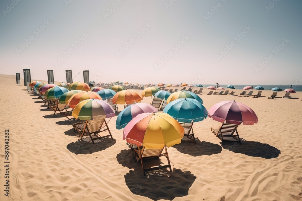  a bunch of beach chairs with umbrellas on a beach near the ocean in a row on a sunny day with blue 