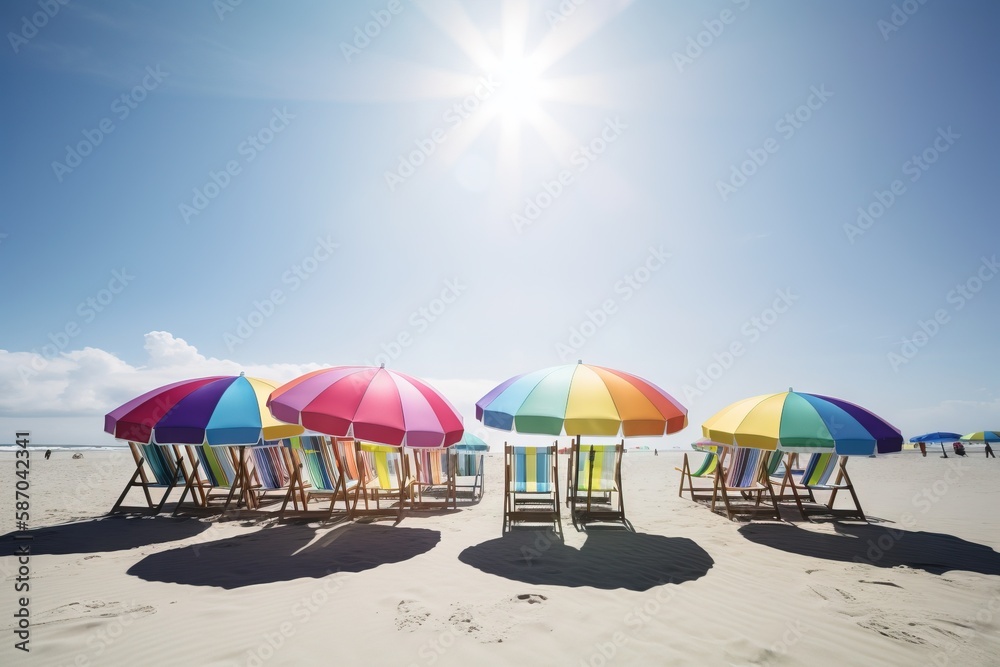  a row of beach chairs with umbrellas on a beach under a bright blue sky with the sun shining over t