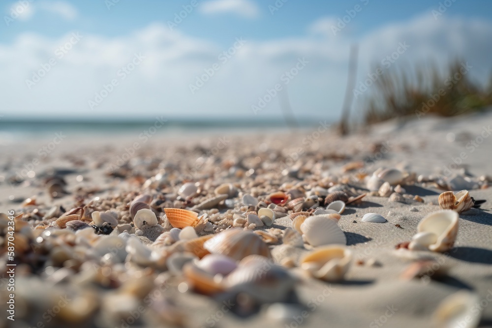  a bunch of seashells are laying on the sand at the beach near the waters edge and a blue sky is in