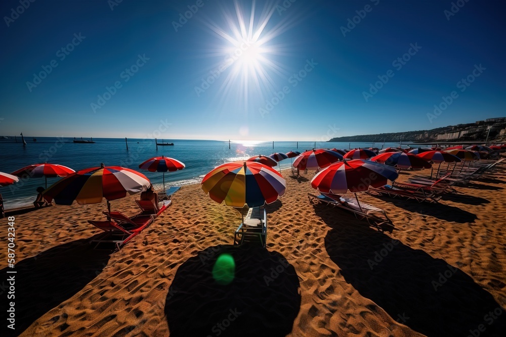  a bunch of umbrellas that are on a beach near the water and the sun is shining over the water and t