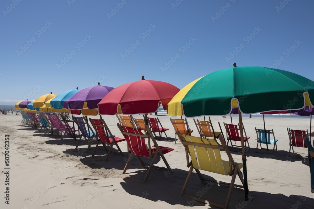  a row of beach chairs with umbrellas on a beach near the ocean in a row on a sunny day with a blue 