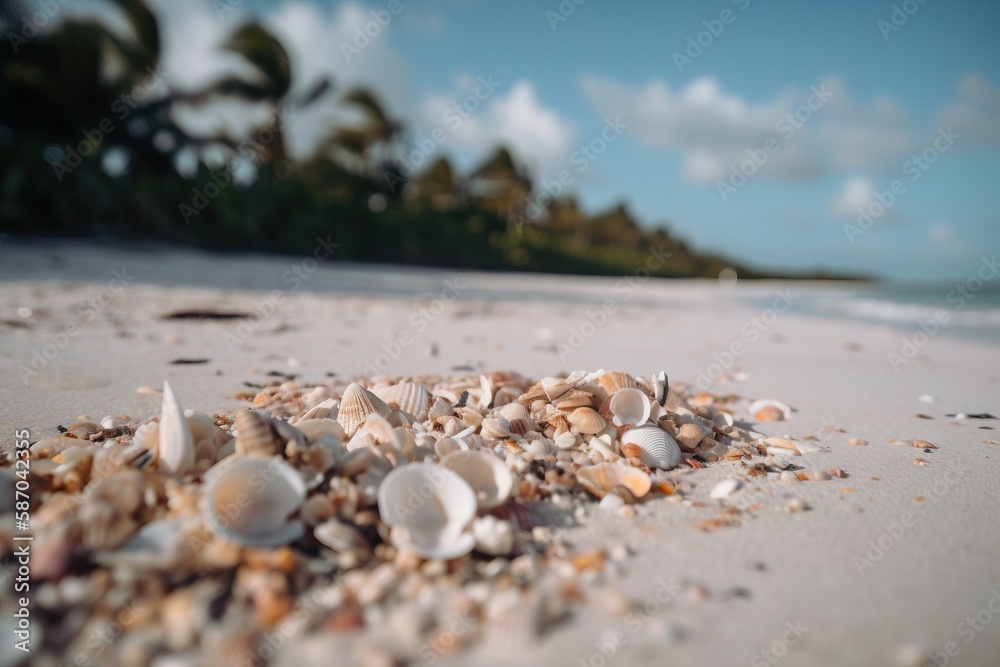  shells and sand on a beach with palm trees in the background and a blue sky with clouds in the back