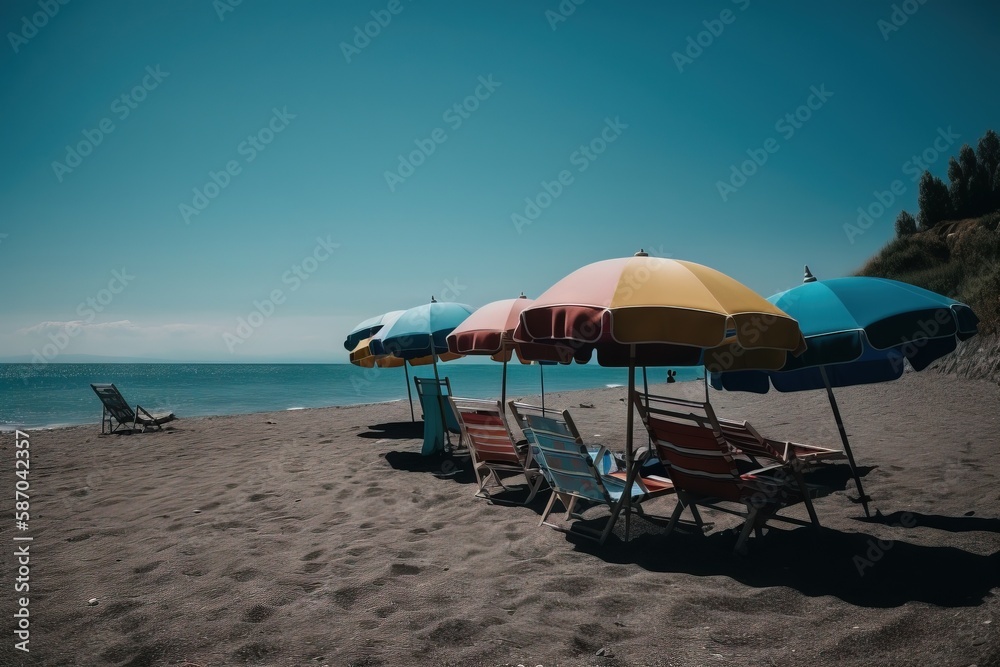  a row of beach chairs sitting under umbrellas on a sandy beach near the ocean with a beach chair an