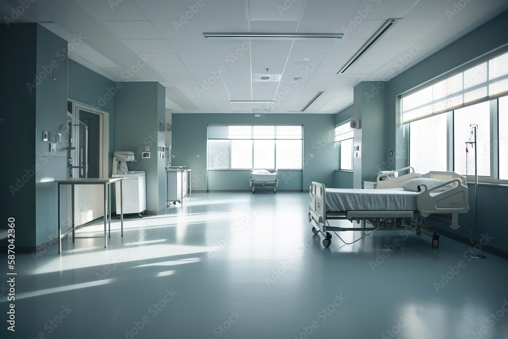  a hospital room with a hospital bed and a sink and a mirror on the wall and a door to the other sid