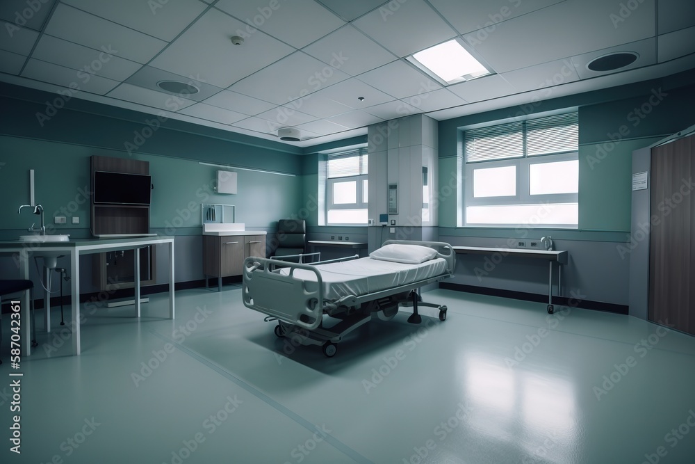  a hospital room with a hospital bed and a sink and a table with a laptop on it and a television in 