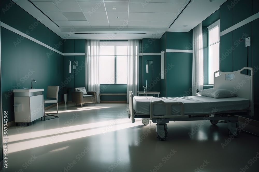  a hospital room with a bed and a chair in the middle of the room and a window in the middle of the 