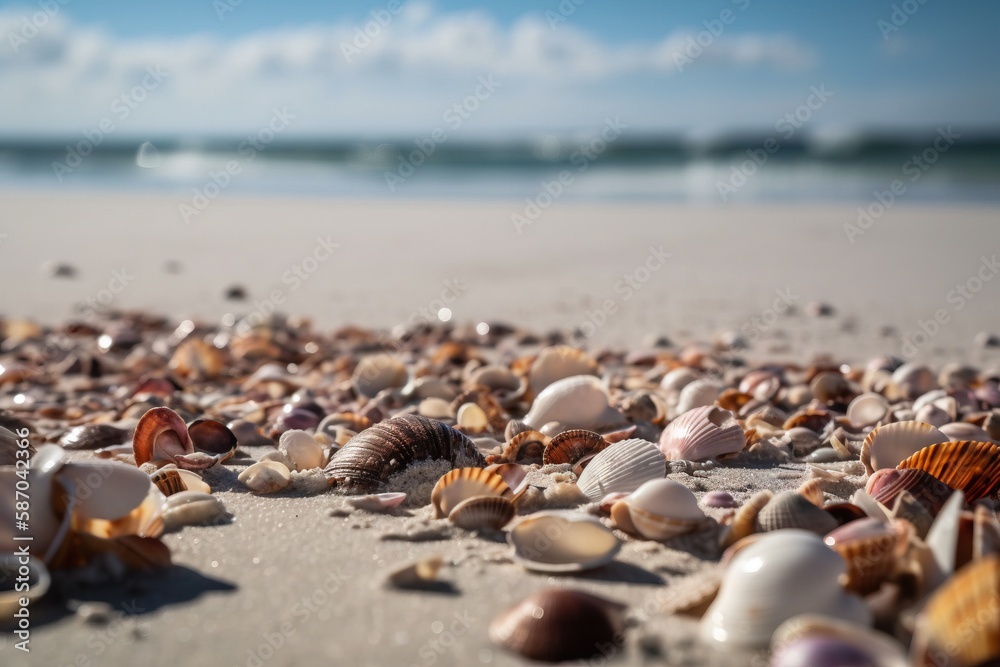  a bunch of seashells on a beach near the ocean shore with a bright blue sky in the background and a