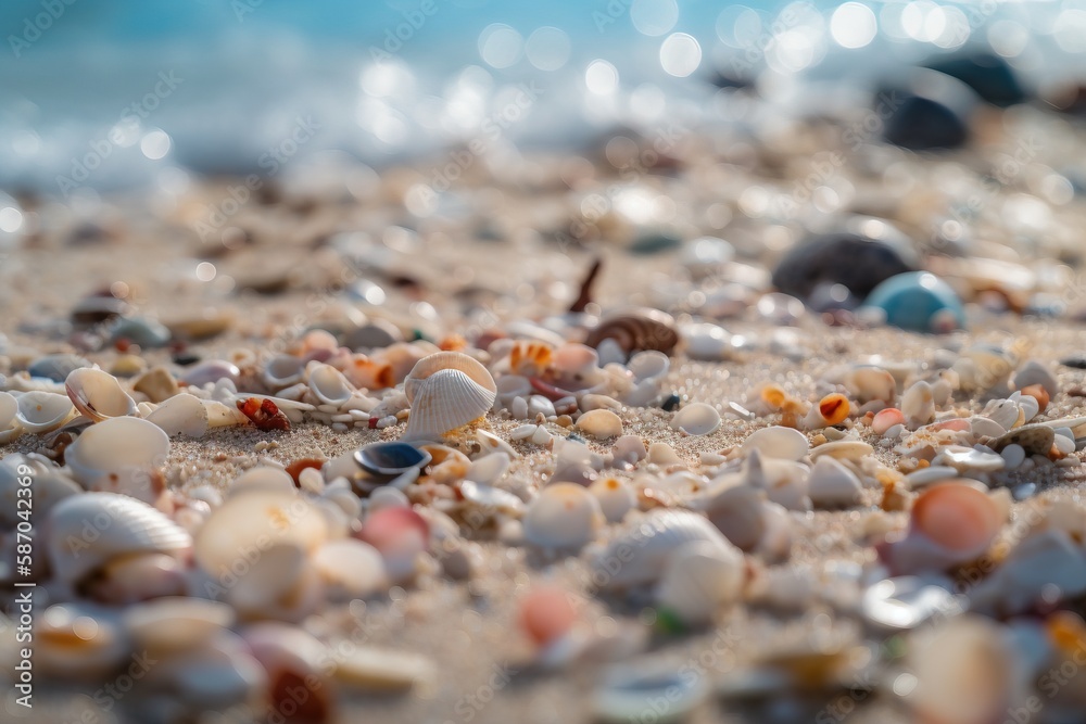  a close up of a bunch of shells on a beach near the ocean water and a wave coming in from the ocean