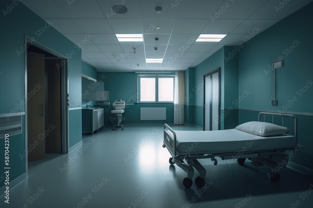  a hospital room with a bed, sink and a mirror on the wall and a door to the other side of the room 