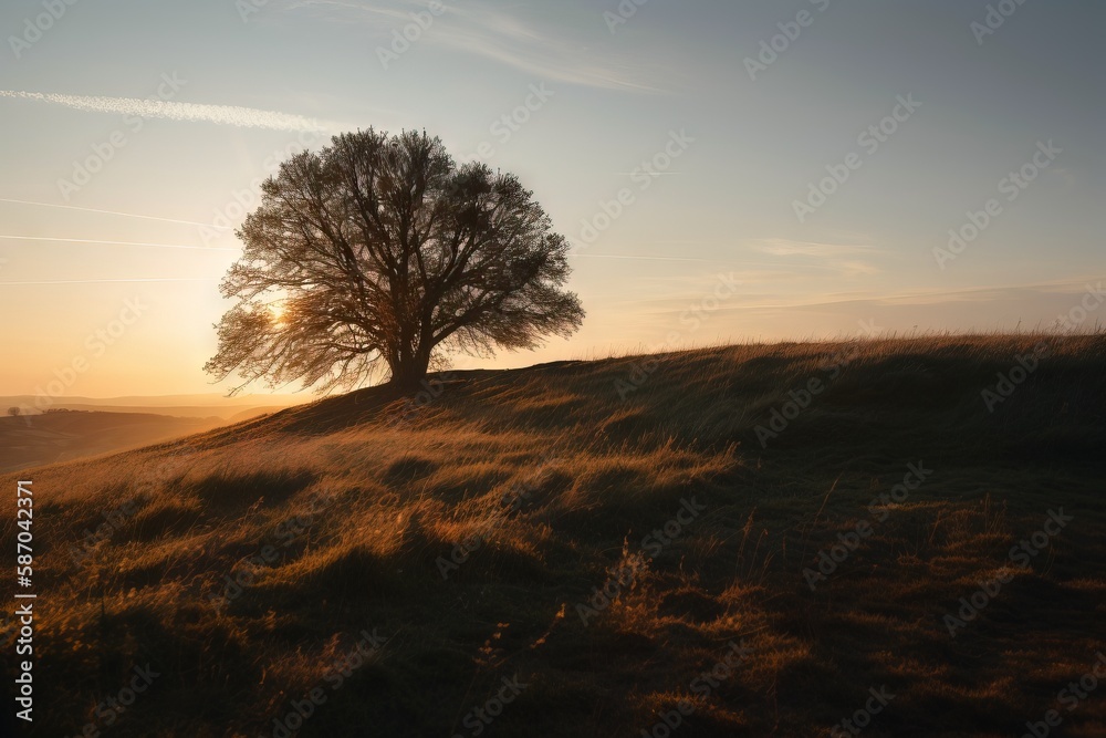  a lone tree sitting on top of a grass covered hill at sunset or dawn in the distance is a plane fly