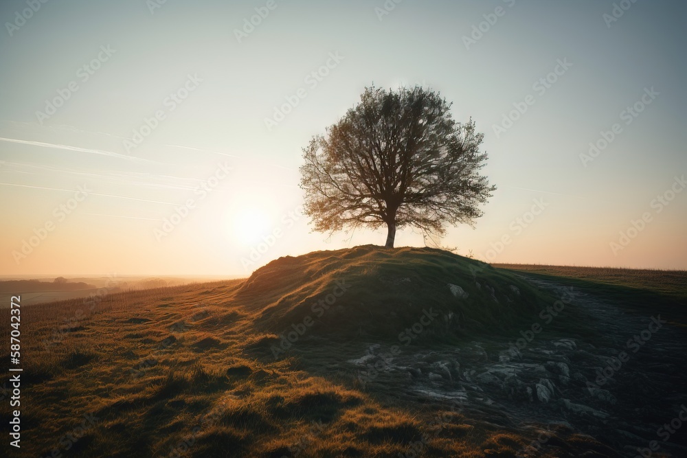  a lone tree sitting on top of a grass covered hill in the sun setting over a field of grass and a l