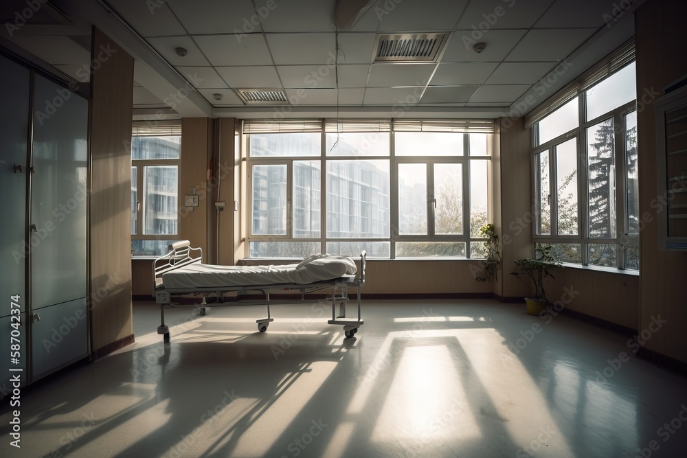  a hospital room with a bed in the middle of the room and large windows on the side of the room and 