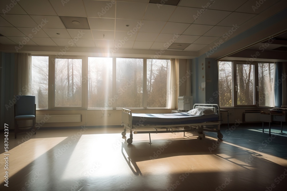  a hospital room with a bed in the middle of the room and large windows on both sides of the room an